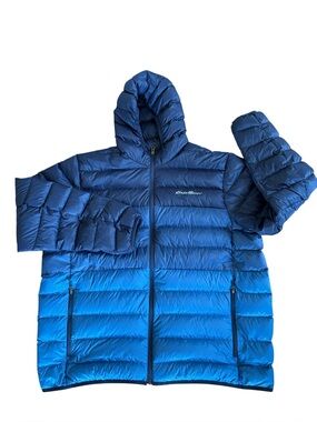Eddie Bauer EB650 Cirruslite Blue Colorblock Down Hooded Puffer Jacket Size XXL